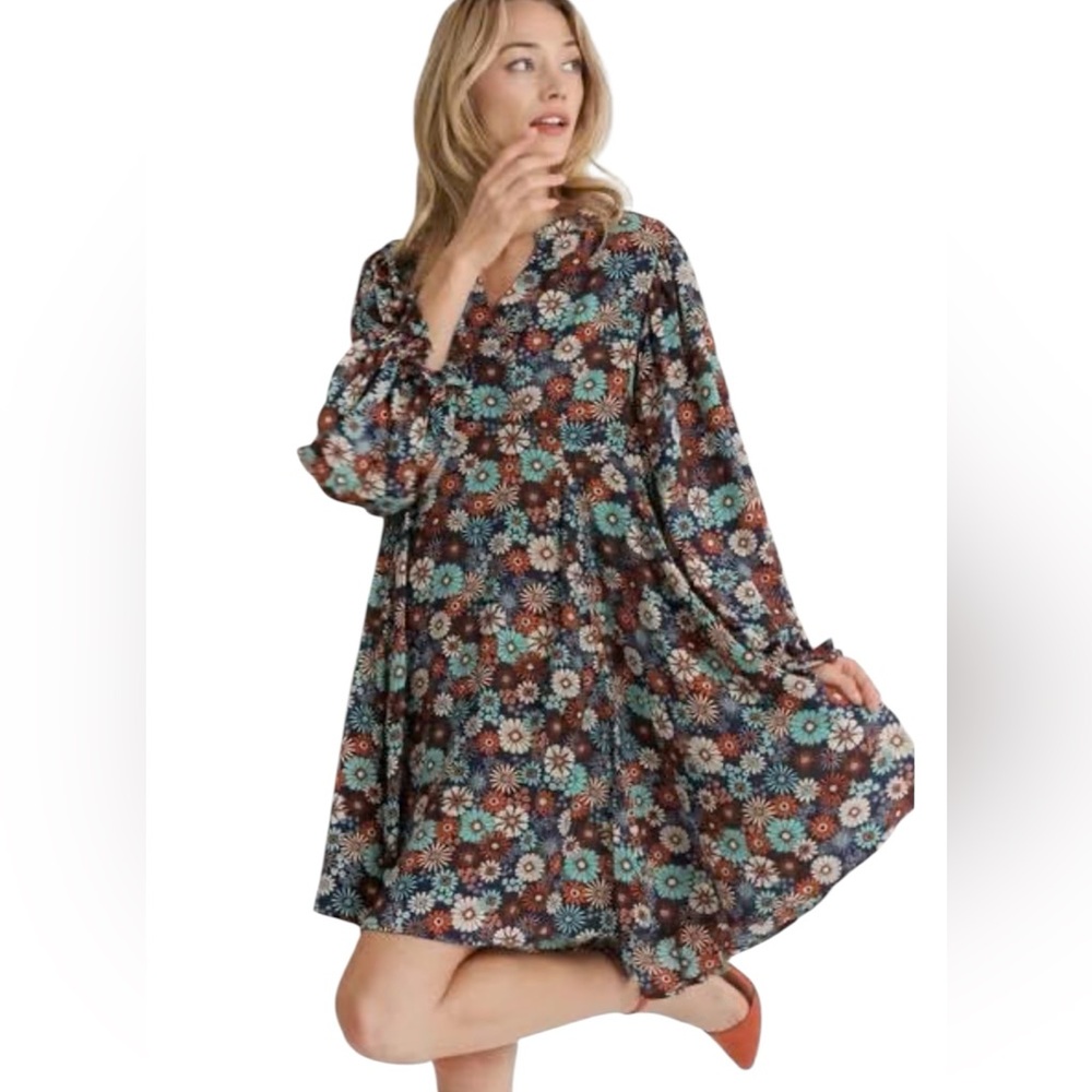 New UMGEE Navy Retro Daisy Flower Print Metallic Thread Puff Sleeve Dress Medium